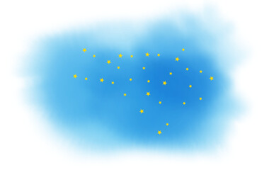 Stars on blue cloud splash. Watercolor background design on transparent background for header, brochure, poster, card, cover or web banner.
