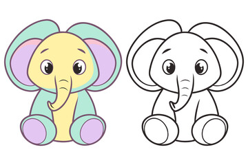 Cute Cartoon Elephant with Pastel Colors and Outlined Version Isolated on White Background