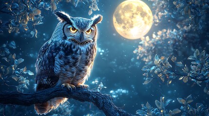 Beautiful great horned owl perched on tree branch high resolution image