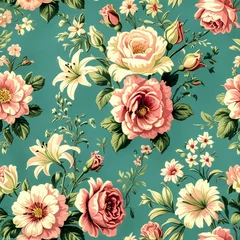 Fotobehang Floral pattern with roses, daisies and lilies in soft pastel tones on a blue background © Nataliya