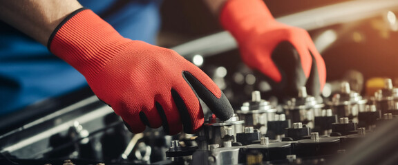 Close-up of red work gloves on car engine, showcasing meticulous car repair, suggesting expertise and precision in automotive maintenance