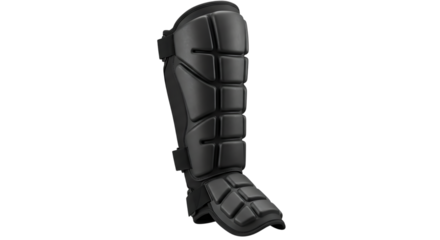 Examining black leg guard for sports safety and protection equipment