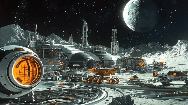 Futuristic lunar base with spacecraft and equipment under a starry sky