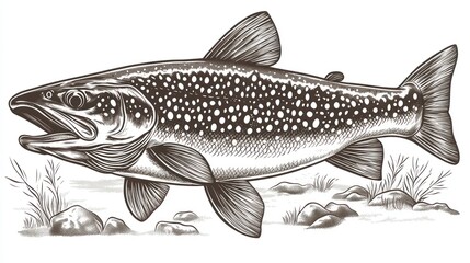 Fototapeta premium Detailed Illustration of a Speckled Fish in a Natural Habitat with Rocks and Aquatic Plants