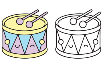 Cute Drum Instrument Clipart with Drumsticks and Smiling Faces Line Art Outline Cartoon