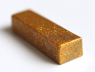 A golden rectangular object with glittering surface texture is displayed