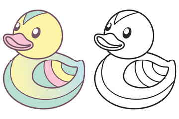 Cute Duck Outline & Pastel Duck Cartoon Illustration, Minimalist, Kids Drawing Style