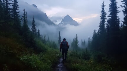 Hiker trekking misty mountain trail, sunrise peaks