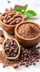 Fototapeta premium Cacao beans, cocoa powder, and chocolate on white surface