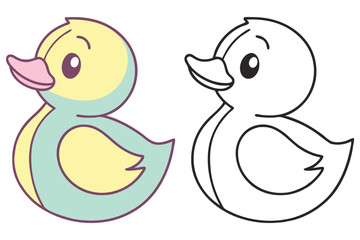 Cute Duckling Outlines Two Cartoon Birds, One Color, One Black & White Version