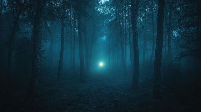 Eerie night forest path, glowing light, misty trees, spooky background, fantasy