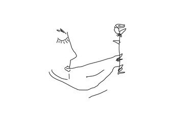 line art illustration combining a blooming rose and a woman's face in an abstract style.
