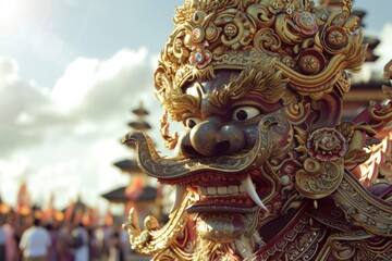 Fototapeta premium Intricate Balinese mask, ornate gold details, fierce expression, cultural ceremony.