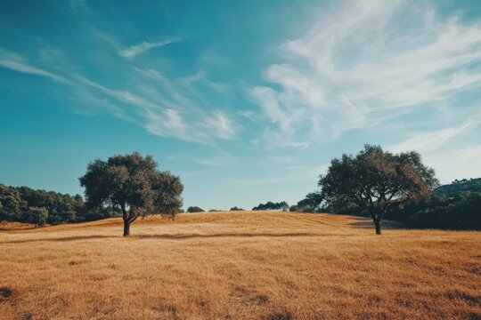 Two trees stand in a field with a beautiful cloudy sky