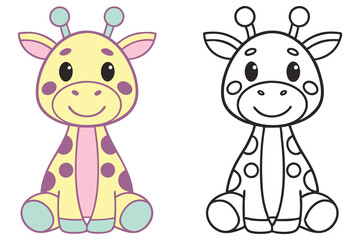 Cute Giraffe with Outline, Friendly Animal Cartoon, Light Yellow and Pink