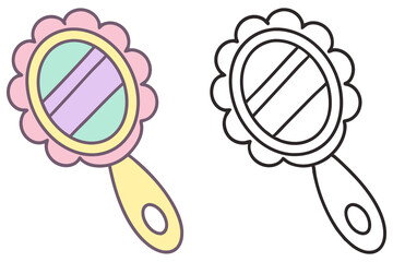 Cute Hand Mirror Colored & Outline Style, Round Shaped Mirror with Handle, Nursery Decor