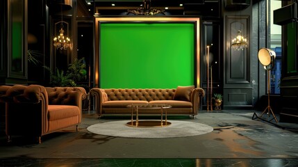 A contemporary entertainment talk show setup with a blank green screen, a velvet couch, and stylish decor elements
