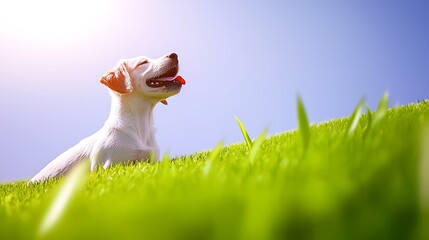 White puppy sits in green grass field with a bright blue sky backdrop