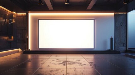 A contemporary talk home show stage with a blank white screen, modern aesthetic design, and soft glowing lights