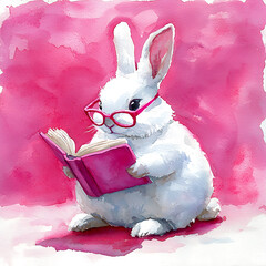 A white rabbit wearing pink glasses sits reading a book all rendered in soft watercolor against a matching pink background.