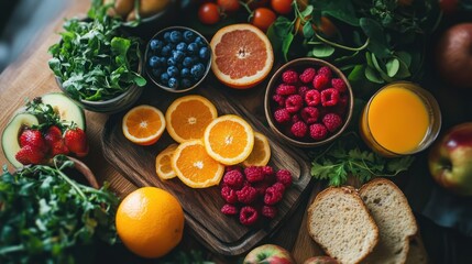 Healthy breakfast table, fresh fruit, juice, greens, wooden background, food blog