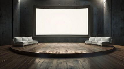 A contemporary talk show setup with a blank white screen, a semi-circle sofa arrangement, and a polished wooden floor