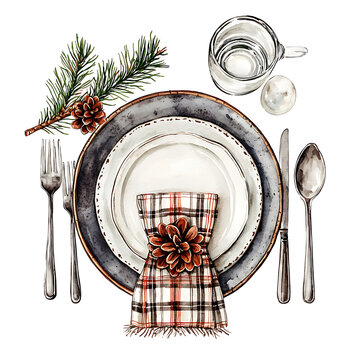 Elegant watercolor illustration of a festive holiday place setting with pine sprigs plates silverware and a plaid napkin.