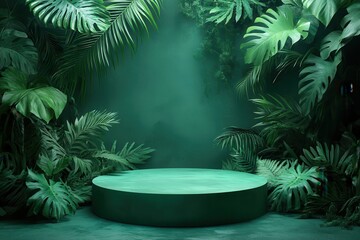Green podium with tropical leaves, misty background studio shot. Use as display for cosmetic, skincare, product or natural themes.