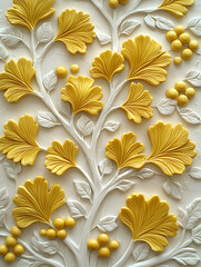 Stylized Ginkgo leaves and berries rendered in a three-dimensional sculpted texture of yellow and white.