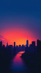 Fototapeta premium City skyline glows during colorful vibrant sunset.