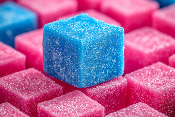 Close-up of pink and blue cubed confections coated in sugar crystals with one blue cube prominently stacked on pink ones.