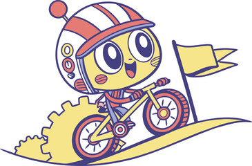 Cute Cartoon Robot Riding a Bike with a Flag, Winning a Race
