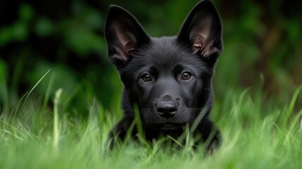 Naklejka premium Black puppy nestled in grass
