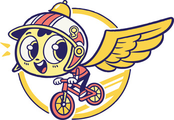 Cute cartoon character riding a bike with wings, flying high.