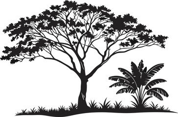 Silhouettes of a Majestic Tree and Tropical Plants
