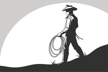 Cowboy Silhouette with Lariat Walking on a Hill