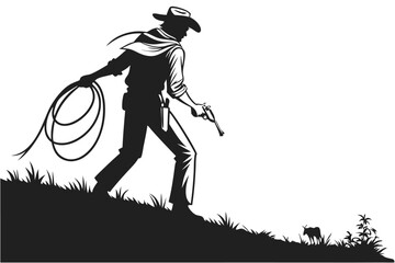 Silhouette of a Cowboy with Lasso and Gun on a Hillside