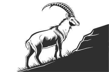 Majestic Ibex on Mountain Slope, Black and White Illustration