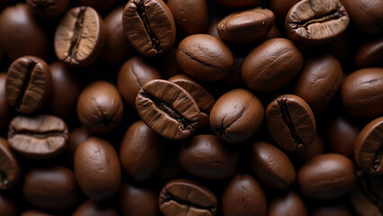 Obraz premium Macro shot of roasted coffee beans with rich brown colors and delicious aroma