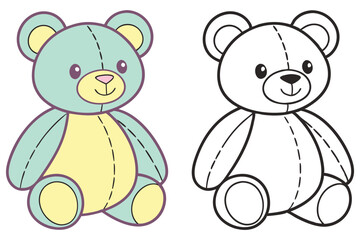 Cute Stuffed Teddy Bear Toy with Outline on White Background Drawing