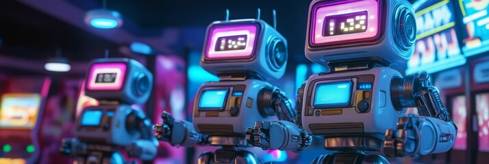 Futuristic robots in a brightly lit arcade.