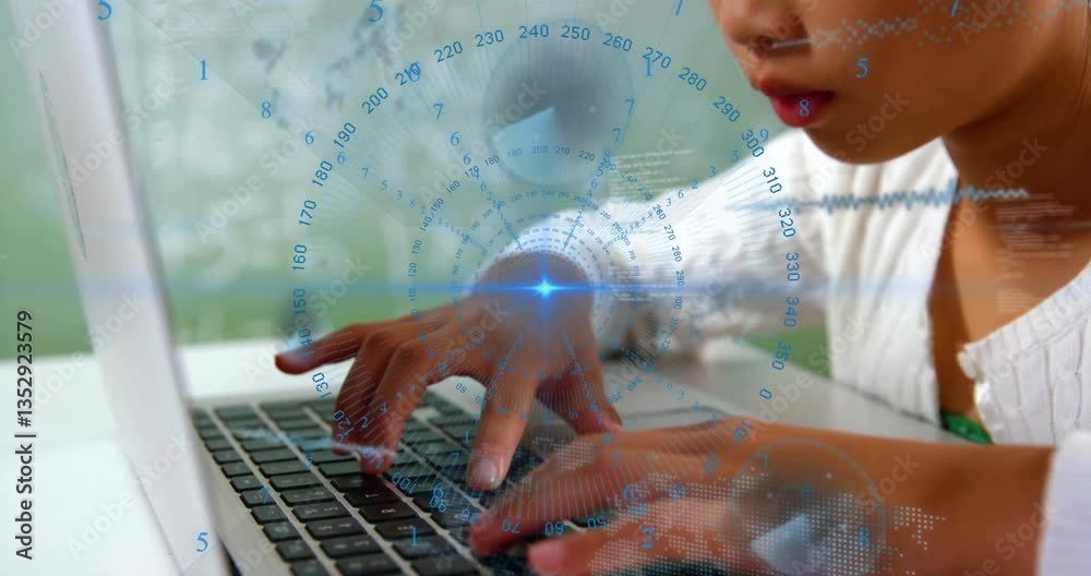 Poster child typing on laptop with digital data processing animation overlay