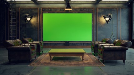 A luxurious talk show lounge with a blank green screen wall, a polished wooden table, and stylish leather armchairs
