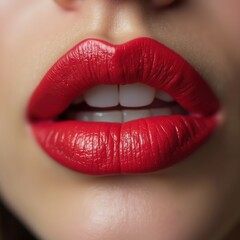 Obraz premium A woman’s lips with vibrant and colorful lipstick, featuring a smooth texture and glossy finish, highlighted by soft lighting for a bold beauty look.