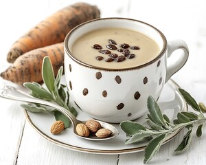 A creamy soup with raisins and ingredients on a white table