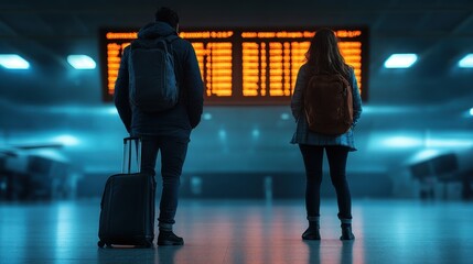 A couple stands together in an airport, gazing at the departure board, reflecting feelings of anticipation and wanderlust as they prepare for their journey.