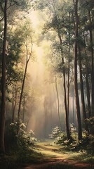 Naklejka premium Misty forest path bathed in sunlight