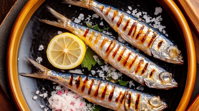 Top down view of Japanese iwashi no shioyaki grilled sardines seasoned salt served with a wedge of lemon and grated radish