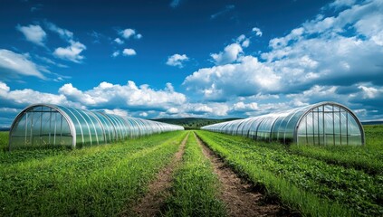 Two greenhouses stand in a field with a cloudy blue sky