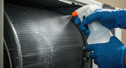 Professional air conditioning cleaning with spray bottle, maintenance